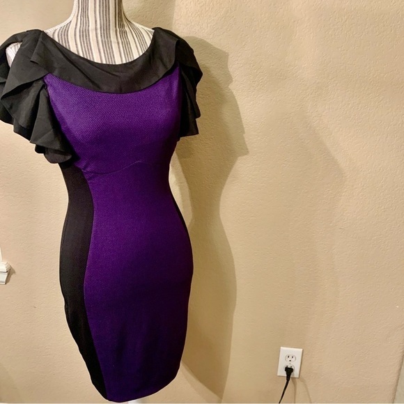 NWT Bodycon Dress Small Fashionomics Purple Black Color Block Ruffled Color Slvs - Picture 12 of 15